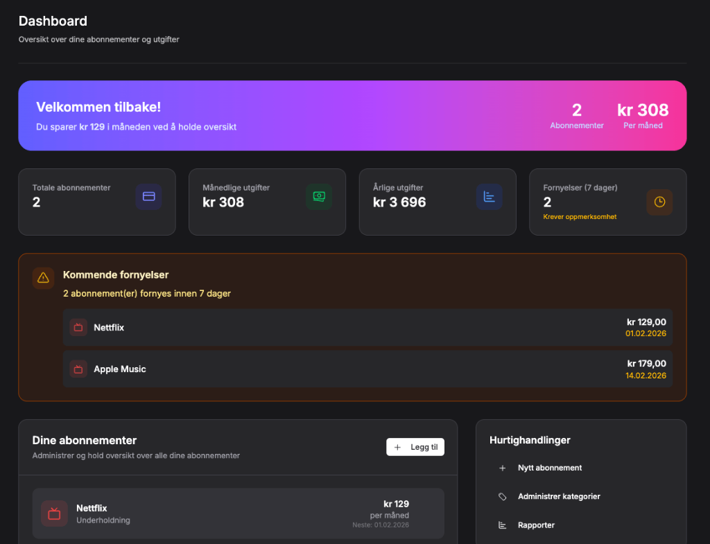 Abonnementsoversikt Dashboard (Dark)
